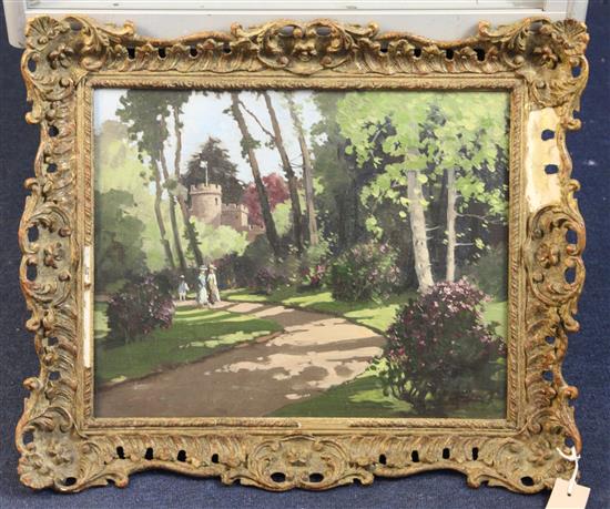 Tom Campbell (Scottish, 1865-1943) Figures in the garden of a castellated house 14 x 17.5in.